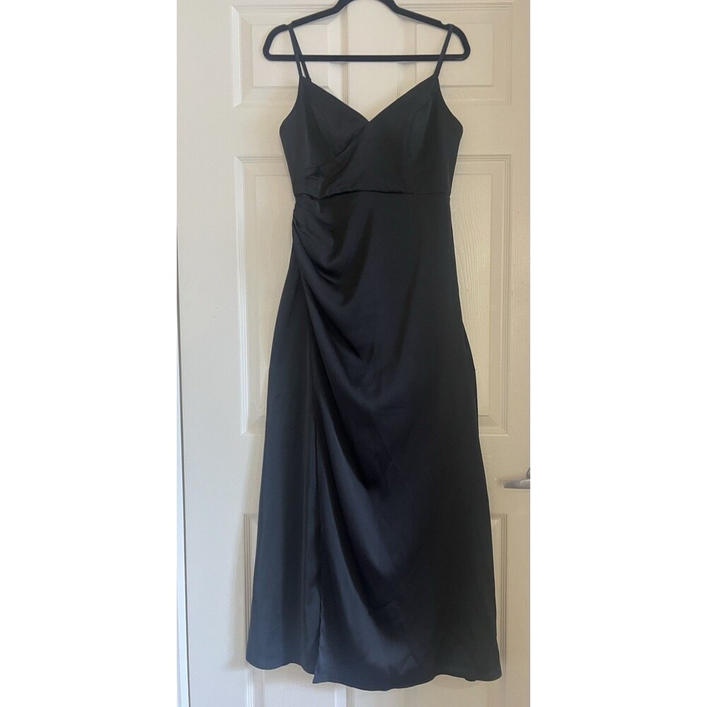 Azazie Maci Black Cocktail Slip Dress Slit Maxi Prom Wedding Luxe Gown Size A6 6